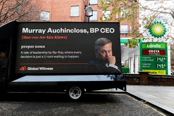 BP CEO billboard at BP gas station