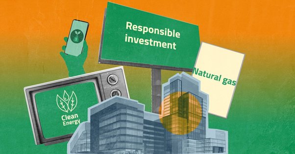 illustration showing greenwashing tactics like dubious clean energy solutions and green finance