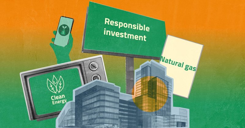 illustration showing greenwashing tactics like dubious clean energy solutions and green finance