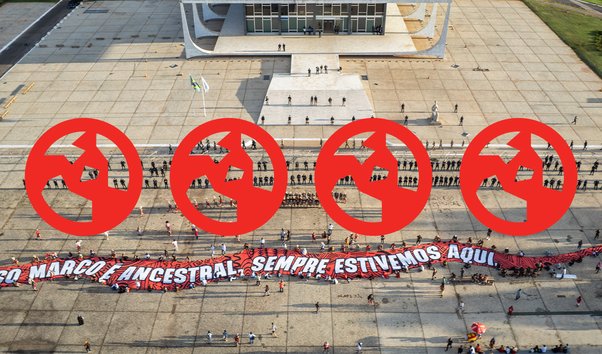 Collage showing a peoples protest with world icon overlaid