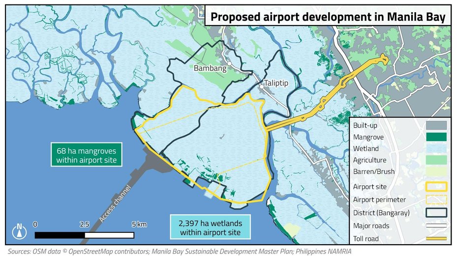 map showing proposed airport development in manila bay, with mangrove and wetlands sites marked