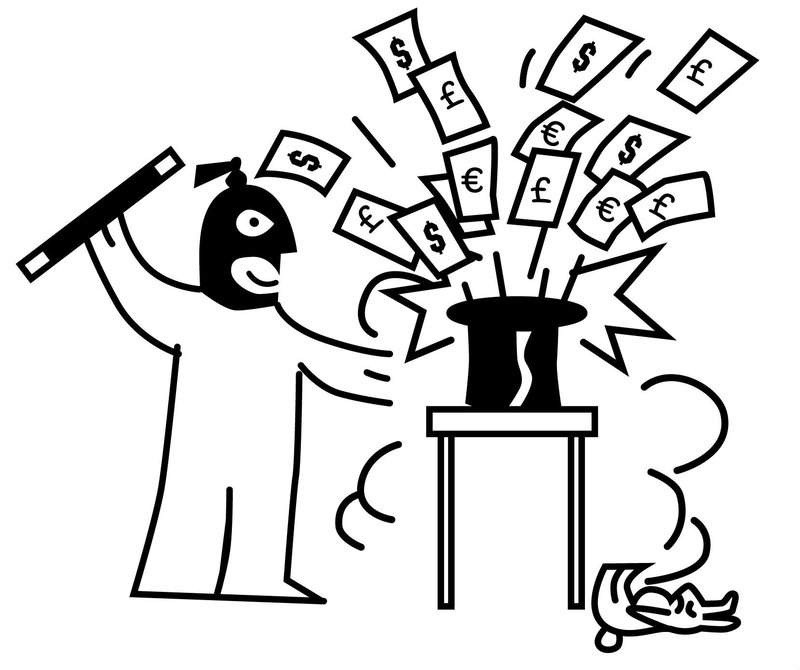 illustration showing money launderer doing magic tricks