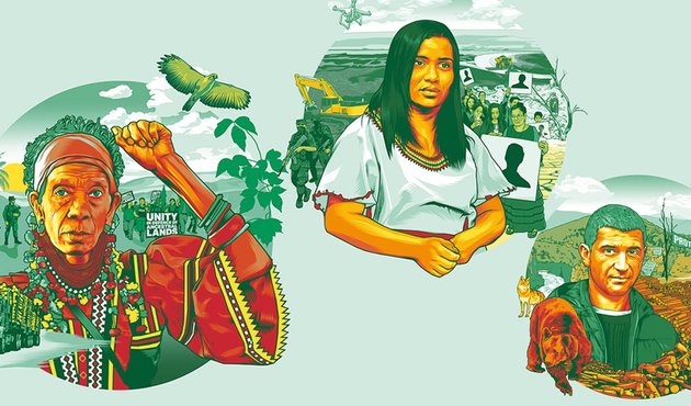 illustration of land and environmental defenders who stand for climate and community against violent extractive industries