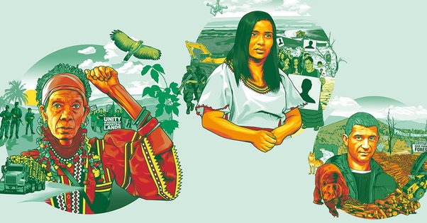 illustration of land and environmental defenders who stand for climate and community against violent extractive industries