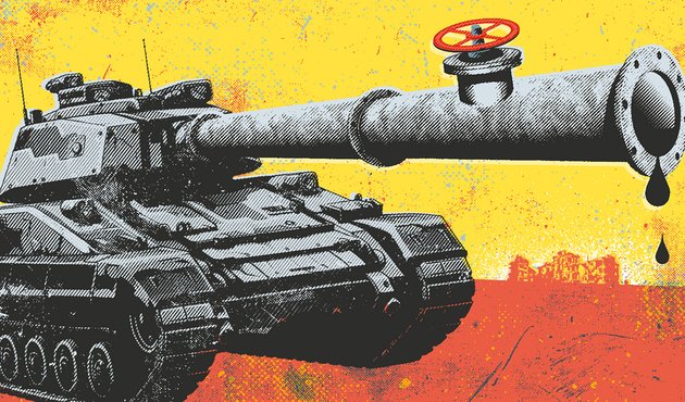 illustration of military tank running on oil, illustration of fossil fuels linked to Russian invasion of Ukraine