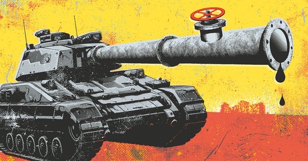 illustration of military tank running on oil, illustration of fossil fuels linked to Russian invasion of Ukraine