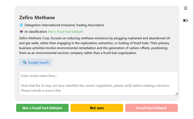 Screenshot of the user interface used by KBPO volunteers to review AI classifications.