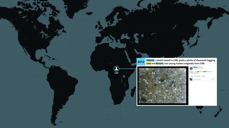 world map showing photo of diamonds posted online by dealer based in CAR
