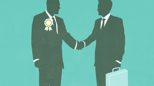 illustration showing fossil fuel lobbyists shaking hands
