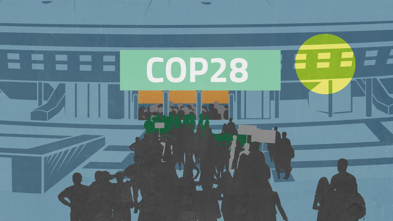 illustration of protestors demonstrating outside cop28
